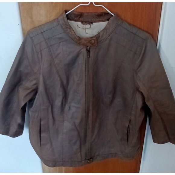 Emu Australian Sheepskin Leather Jacket Large Full Zip  Brown Short Sleeve - Picture 1 of 5